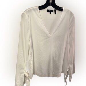 Theory Women’s White Cotton V-Neck Blouse Bell Sleeves W/ Ties Sz P
